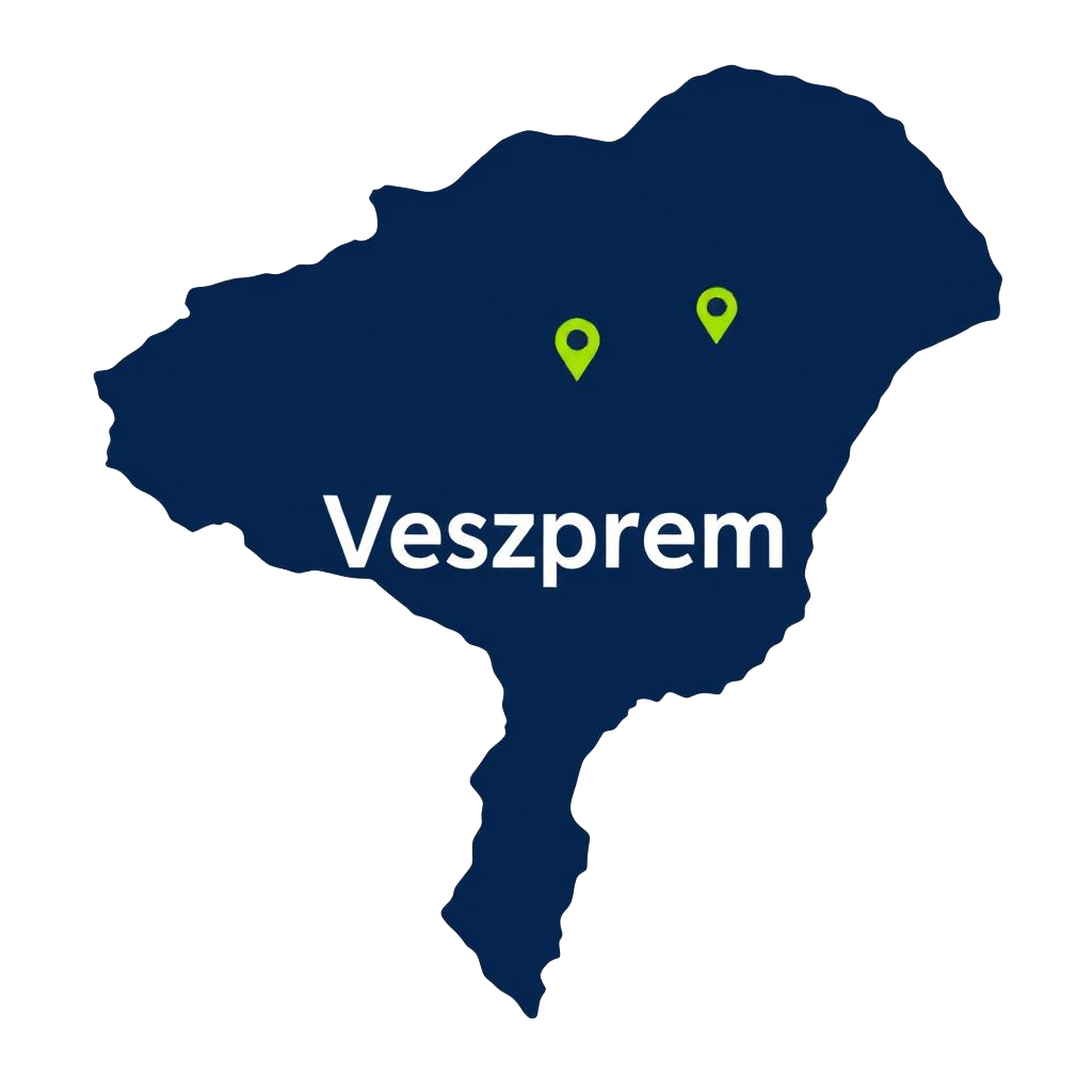 Veszprém megye stilizált térképe a szolgáltatási területtel